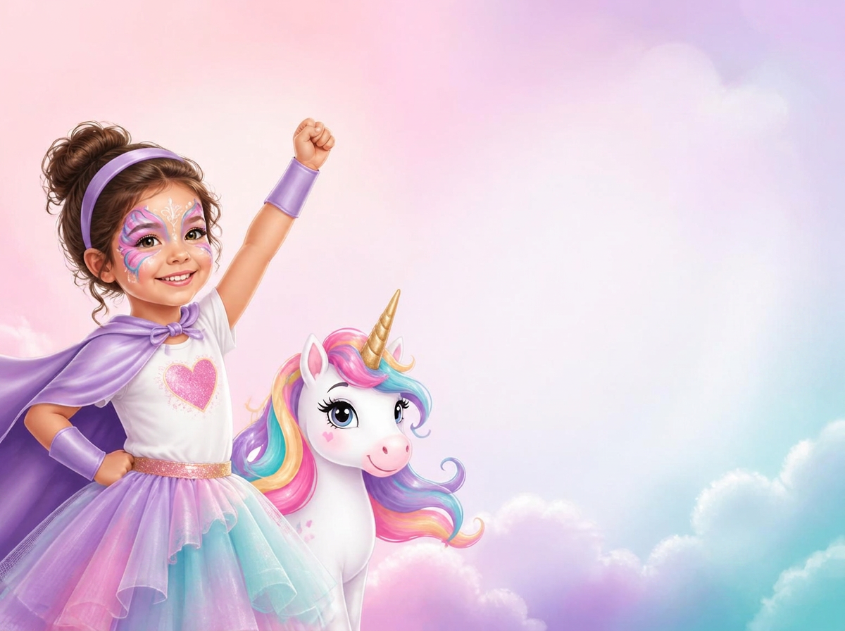 A child with butterfly face paint smiling next to a unicorn
